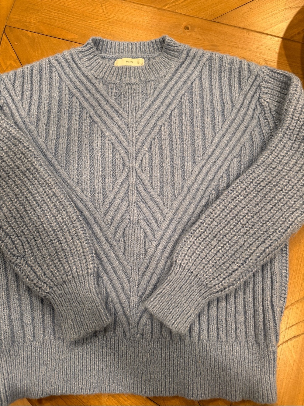 MNG Women's Soft Light Blue Cable Crewneck Sweater